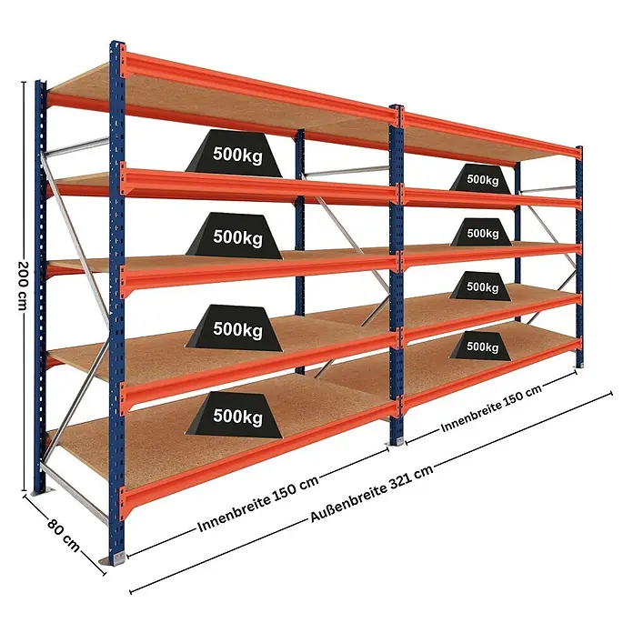 Proregal Schwerlastregal DOMINUS 2er Set mit Spanplatten - Traglast pro Boden: 500 kg, Anzahl Böden: 5 Stk., Stecken, Blau/Orange - Blau-orange Schwerlastregal mit Holzauflagen, Maße und 500kg Traglast pro Boden dargestellt.