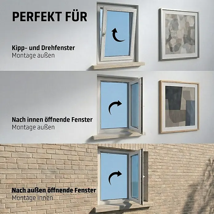 Cocoon Home Concepts Insektenschutz-Fensterrollo - B x H: 90 x 150 cm, Montage Insektengitter: Schrauben - Darstellung von Kipp-Dreh-Fenstern (Montage außen), nach innen öffnenden Fenstern (außen) und nach außen öffnenden Fenstern (innen).
