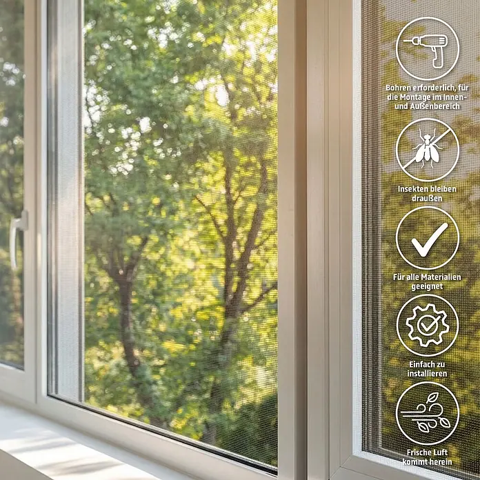 Cocoon Home Concepts Insektenschutz-Fensterrollo - B x H: 90 x 150 cm, Montage Insektengitter: Schrauben - Weißes Fliegengitter am Fenster, das Insekten draußen hält und frische Luft hereinlässt.