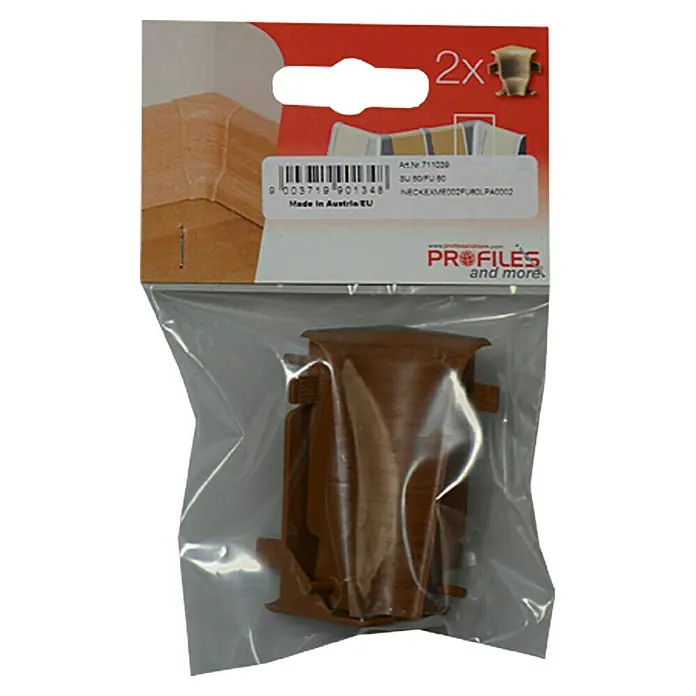 Profiles and more Innenecke FU60L - Merbau/Robinie, 2 Stk. - Eine Packung mit zwei braunen Profile-Ecken für den Innenbereich, ideal für die stilvolle Gestaltung von Wänden und Möbeln.