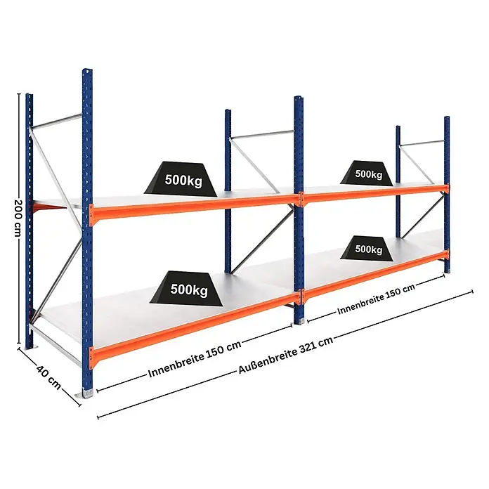Proregal Schwerlastregal DOMINUS 2er Set mit Stahlplatten - H x B x T: 200 x 150 x 40 cm, Traglast pro Boden: 500 kg, Anzahl Böden: 2 Stk., Stecken, Blau/Orange - Blau-orange Schwerlastregal mit 2 Ebenen, 200cm hoch, 40cm tief, 321cm breit, jede Ablage trägt 500kg.