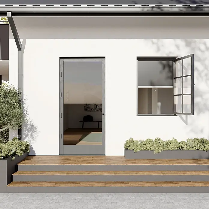 Cocoon Home Concepts Insektenschutz-Fensterrollo - B x H: 90 x 150 cm, Montage Insektengitter: Schrauben - Moderner Hauseingang: weiße Fassade, Glastür, geöffnetes Fenster, Holzstufen mit Pflanzkübeln.
