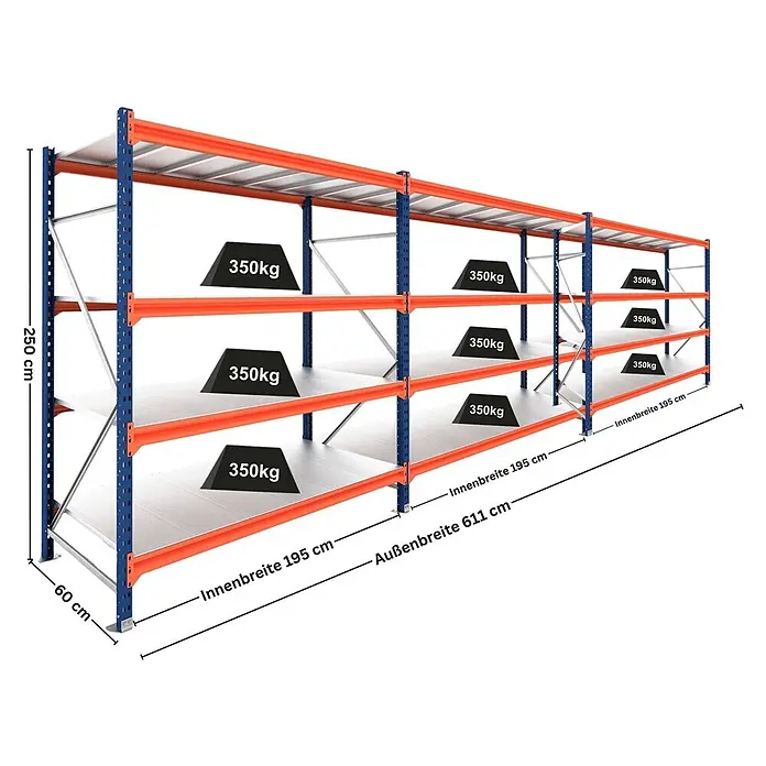 Proregal Schwerlastregal DOMINUS 3er Set mit Stahlplatten - H x B x T: 250 x 195 x 60 cm, Traglast pro Boden: 350 kg, Anzahl Böden: 4 Stk., Stecken, Blau/Orange - Blau-oranges Schwerlastregal, 250x60x611cm (HxTxB), mit 4 Ebenen, je 350kg Traglast pro Boden.