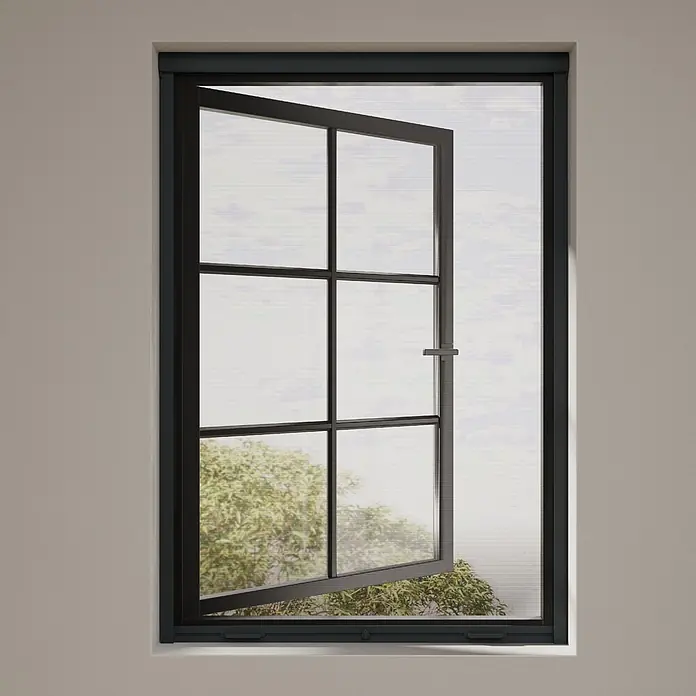 Cocoon Home Concepts Insektenschutz-Fensterrollo - B x H: 100 x 150 cm, Montage Insektengitter: Schrauben - Schwarzes aufrollbares Insektenschutzgitter an einem geöffneten schwarzen Fenster, schützt vor Schädlingen.
