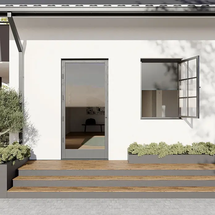 Cocoon Home Concepts Insektenschutz-Fensterrollo - B x H: 100 x 150 cm, Montage Insektengitter: Schrauben - Moderner Hauseingang mit Holzstufen und grauen Setzstufen, einer Glastür und einem offenen Fenster, umgeben von grünen Pflanzgefäßen.