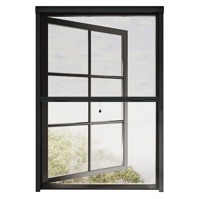 Cocoon Home Concepts Insektenschutz-Fensterrollo - B x H: 100 x 150 cm, Montage Insektengitter: Schrauben - Schwarzes Fenster mit integriertem Insektenschutzrollo, teilweise geöffnet mit Blick ins Grüne und zum Himmel.