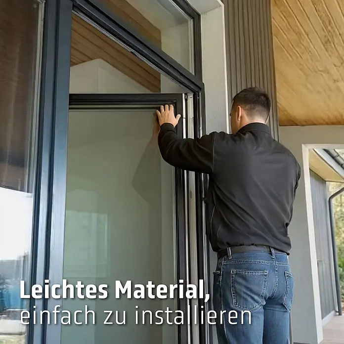 Cocoon Home Concepts Insektenschutz-Türplissee - B x H: 96 x 233 cm, Montage Insektengitter: Schrauben - Ein Mann installiert einen dunklen, leichten Fensterrahmen und hebt die einfache Montage hervor.