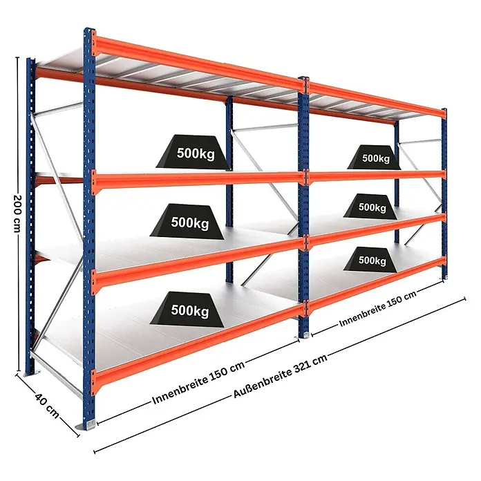 Proregal Schwerlastregal DOMINUS 2er Set mit Stahlplatten - H x B x T: 200 x 150 x 40 cm, Traglast pro Boden: 500 kg, Anzahl Böden: 4 Stk., Stecken, Blau/Orange - Blau-orange Schwerlastregal (200x321x40cm) mit 4 Ebenen, je 500kg Traglast.