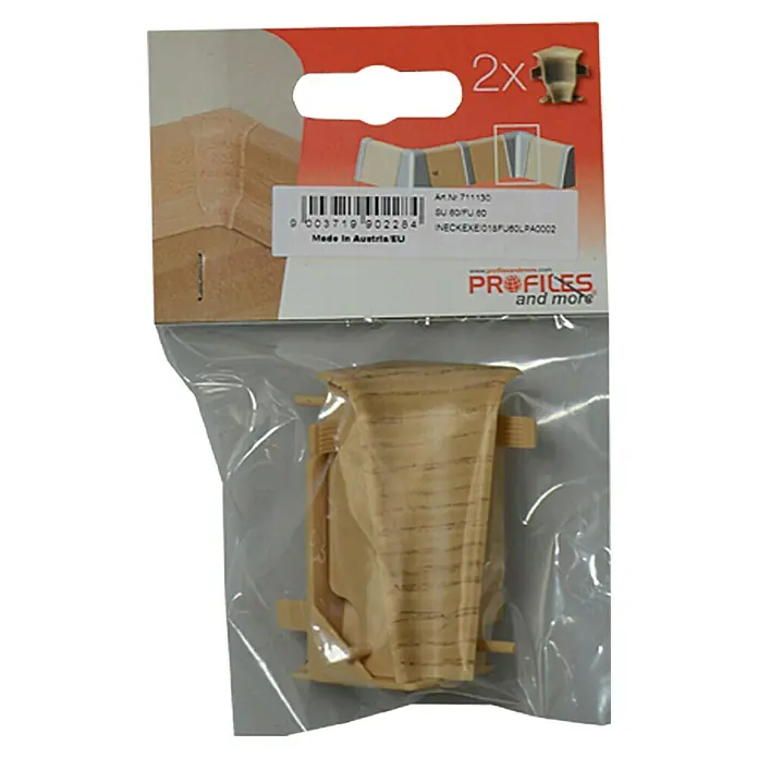 Profiles and more Innenecke FU60L - Eiche Natur, 2 Stk. - Ein verpacktes Eckprofil für Fußleisten, das eine saubere und stilvolle Verbindung zwischen zwei Fußleisten bietet.
