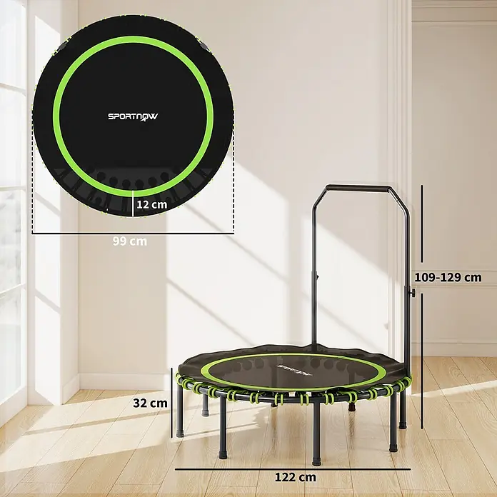 Sportnow Rebounder - 122 x 122 x 129 cm, Schwarz, Grün - Schwarz-grünes Minitrampolin mit verstellbarem Griff. Gesamtbreite 122 cm, Höhe 32 cm, Griffhöhe 109-129 cm.