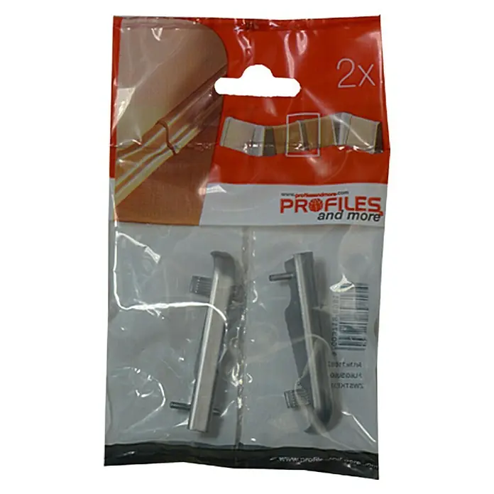 Profiles and more Übergangskappe FU60L - Silber, 2 Stk. - Produktverpackung mit zwei silbernen Profilen und Zubehör. Ideal für Möbelbau und Innenausstattung, 2 Stück.