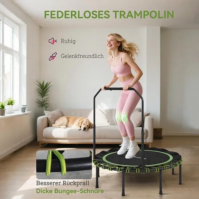 Sportnow Rebounder - 122 x 122 x 129 cm, Schwarz, Grün - Frau springt auf schwarzem, federlosem Trampolin mit Haltegriff, gelobt für Ruhe und Gelenkschonung dank dicker Bungee-Schnüre.