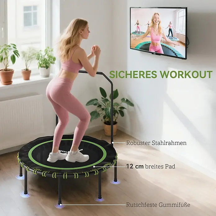 Sportnow Rebounder - 122 x 122 x 129 cm, Schwarz, Grün - Frau beim Training auf schwarzem & grünem Minitrampolin mit Haltegriff. Mit robustem Stahlrahmen, 12 cm breitem Polster & rutschfesten Füßen.