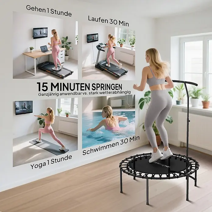 Sportnow Rebounder - Stahl, Schwarz - Person springt auf schwarzem Fitness-Trampolin mit Haltegriff zu Hause.
