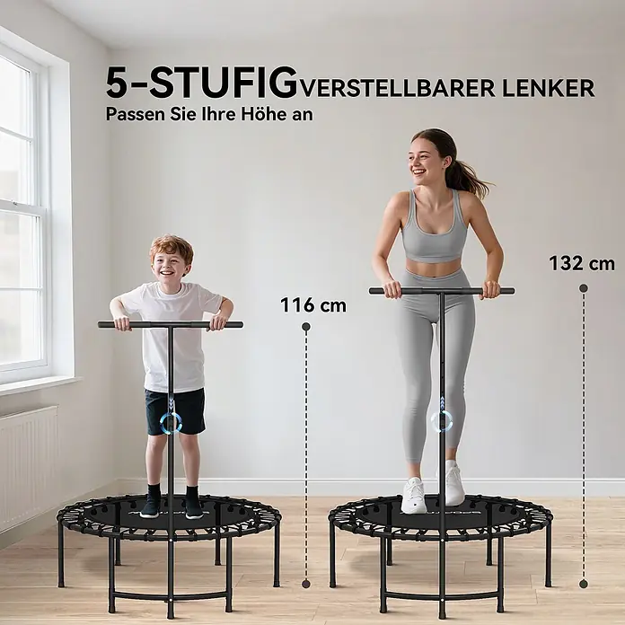 Sportnow Rebounder - Stahl, Schwarz - Schwarzes Trampolin mit verstellbarem Lenker, von Kind (116cm) und Erwachsenem (132cm) genutzt, zeigt 5-stufige Höhenverstellung.