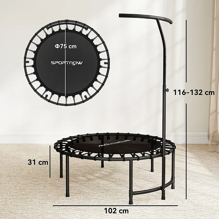 Sportnow Rebounder - Stahl, Schwarz - Schwarzes Minitrampolin mit verstellbarem Griff, Maße: 102cm Breite, 31cm Höhe, 75cm Sprungfläche, Griffhöhe 116-132cm.