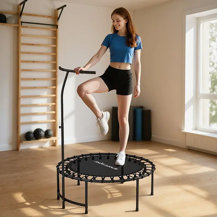 Sportnow Rebounder - Stahl, Schwarz - Frau trainiert auf einem schwarzen Minitrampolin mit Haltegriff in einem hellen Raum.