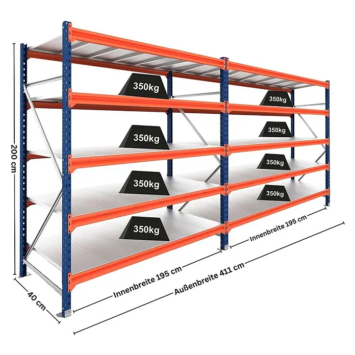 Proregal Schwerlastregal DOMINUS 2er Set mit Stahlplatten - Traglast pro Boden: 350 kg, Anzahl Böden: 5 Stk., Stecken, Blau/Orange - Robustes Schwerlastregal aus Metall mit blauen Ständern, orangefarbenen Traversen und weißen Böden. 350kg Traglast pro Boden. Maße: H200cm, T40cm, B411cm.