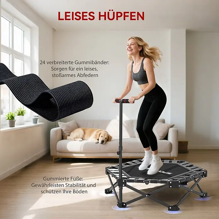 Sportnow Rebounder - Stahl, Schwarz - Frau springt auf schwarzem, klappbarem Minitrampolin mit Griff, das leise Gummibänder und bodenschonende Gummifüße für Stabilität bietet.