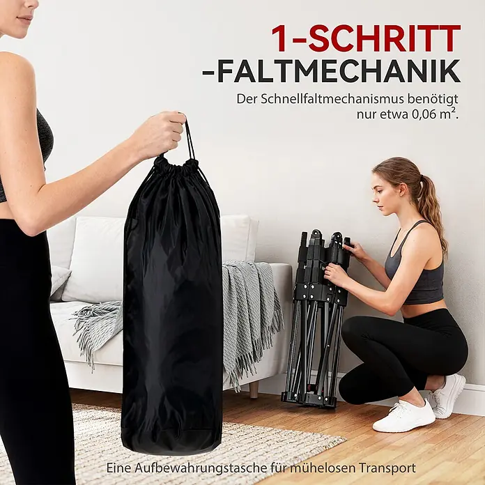 Sportnow Rebounder - Stahl, Schwarz - Zwei Frauen demonstrieren ein kompaktes, faltbares schwarzes Trainingsgerät mit seiner Aufbewahrungstasche.