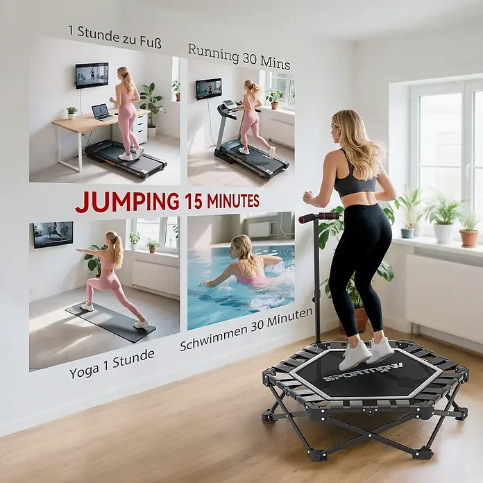 Sportnow Rebounder - Stahl, Schwarz - Frau springt auf einem schwarzen Fitness-Trampolin mit Griff, für effizientes Training.