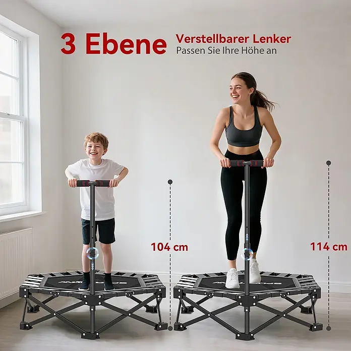 Sportnow Rebounder - Stahl, Schwarz - Zwei schwarze klappbare Fitnesstrampoline mit 3-stufig verstellbaren Griffen (104/114 cm), von Kind und Erwachsenem genutzt.