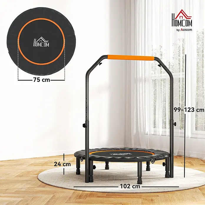 Homcom Rebounder - Stahl, Schwarz - Kompaktes schwarz-orangefarbenes Minitrampolin mit verstellbarem Griff (99-123 cm), 75 cm Durchmesser, für Heimfitness.