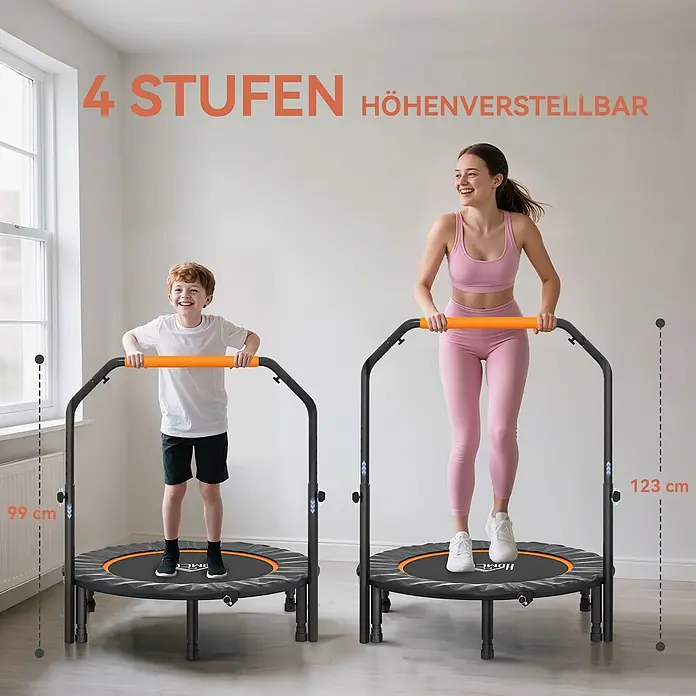 Homcom Rebounder - Stahl, Schwarz - Zwei Personen auf schwarzen/orangen Minitrampolinen mit 4-fach höhenverstellbaren Griffen (99-123 cm).