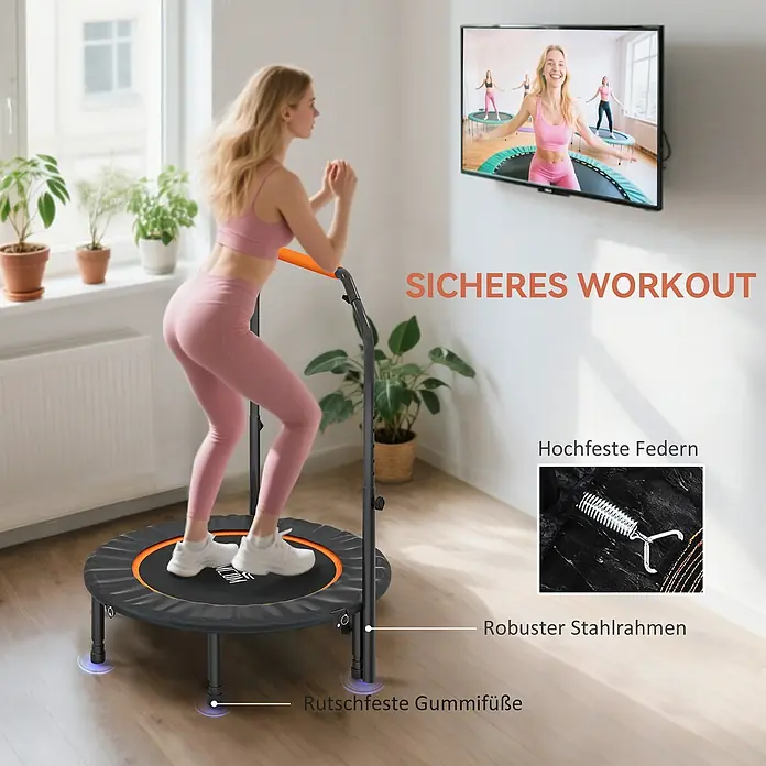 Homcom Rebounder - Stahl, Schwarz - Schwarzes Mini-Trampolin mit Haltegriff, robustem Stahlrahmen, hochfesten Federn und rutschfesten Gummifüßen. Eine Frau trainiert darauf.