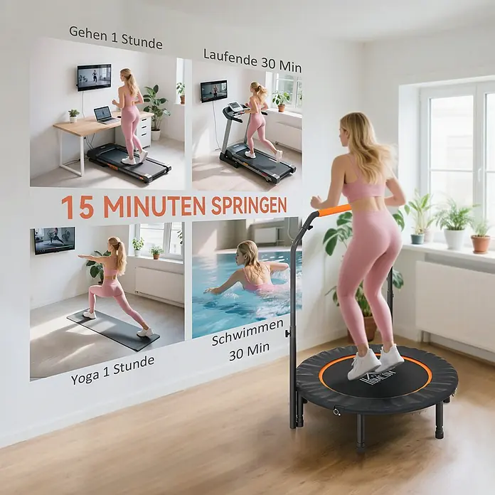 Homcom Rebounder - Stahl, Schwarz - Frau springt auf schwarzem Minitrampolin mit orangen Akzenten. Oben werden 15 Minuten Springen mit anderen Übungen verglichen.