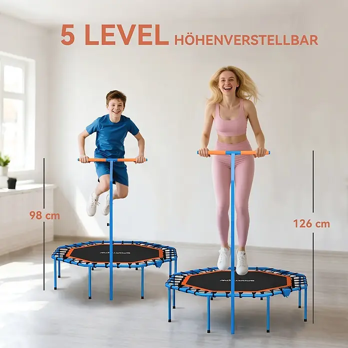 Sportnow Rebounder - Stahl, Blau, Schwarz - Zwei blau-orange Trampoline mit verstellbaren Griffen (98 cm & 126 cm), von Kind und Erwachsenem genutzt, zeigen 5 Höhenstufen.