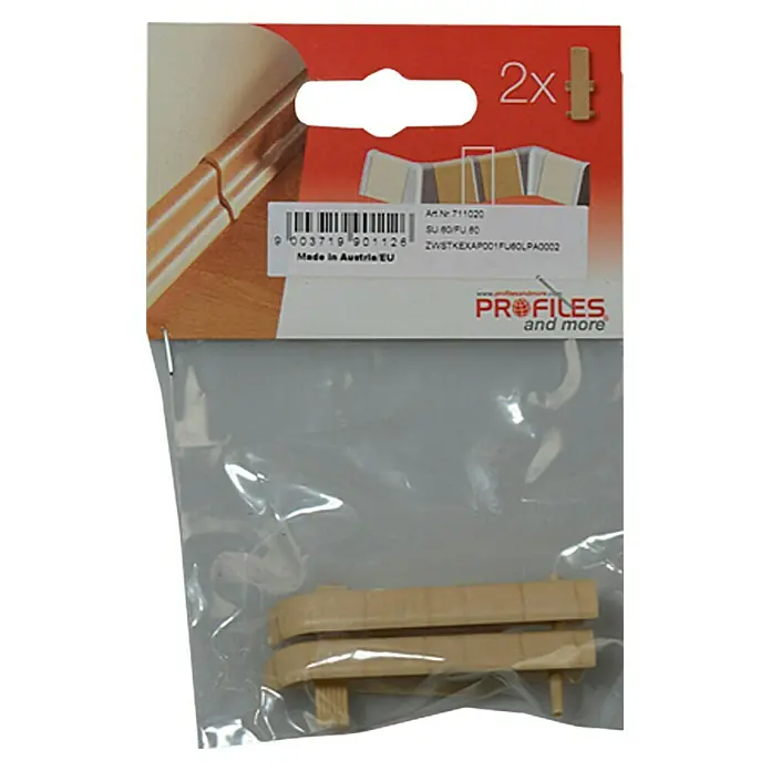 Profiles and more Übergangskappe FU60L - Apfel, 2 Stk. - Eine Packung mit zwei beigen Sockelleistenverbindern der Marke Profiles and more, verpackt in einer durchsichtigen Plastiktüte.