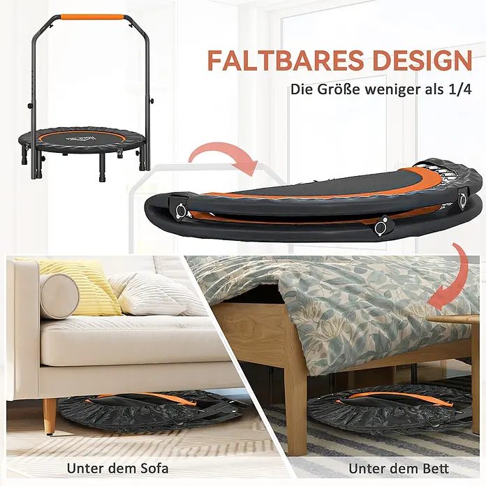 Homcom Rebounder - Stahl, Schwarz - Ein schwarz-orange faltbares Minitrampolin wird zusammengebaut, kompakt gefaltet und unter Sofa und Bett verstaut gezeigt.