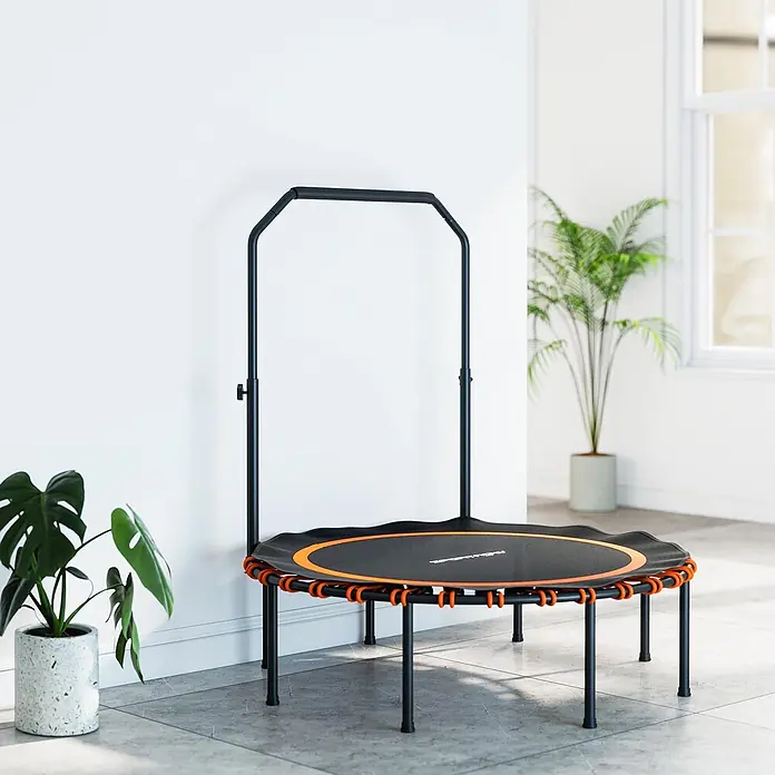 Sportnow Rebounder - Stahl, Schwarz, Orange - Schwarzes und orangefarbenes Mini-Trampolin mit verstellbarem Sicherheitsgriff.