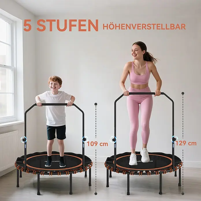 Sportnow Rebounder - Stahl, Schwarz, Orange - Zwei schwarz-orange Trampoline mit 5-fach verstellbaren schwarzen Griffen, von Kind und Erwachsenem genutzt, mit Höhen 109 cm und 129 cm.