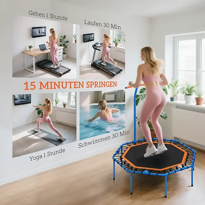 Sportnow Rebounder - Stahl, Blau, Schwarz - Frau trainiert auf einem blauen und orangefarbenen Minitrampolin mit Haltegriff.