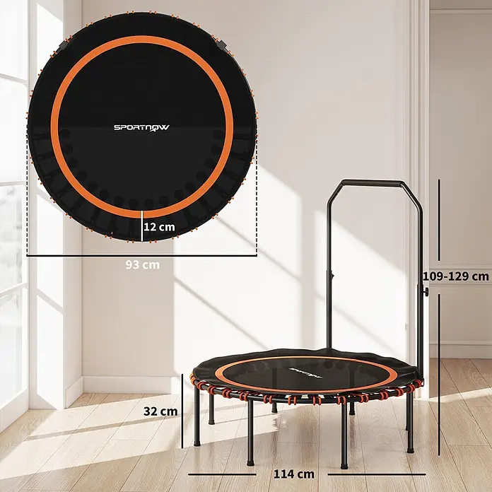 Sportnow Rebounder - Stahl, Schwarz, Orange - Schwarz-orange Mini-Trampolin mit verstellbarem Griff, das seine Maße zeigt.