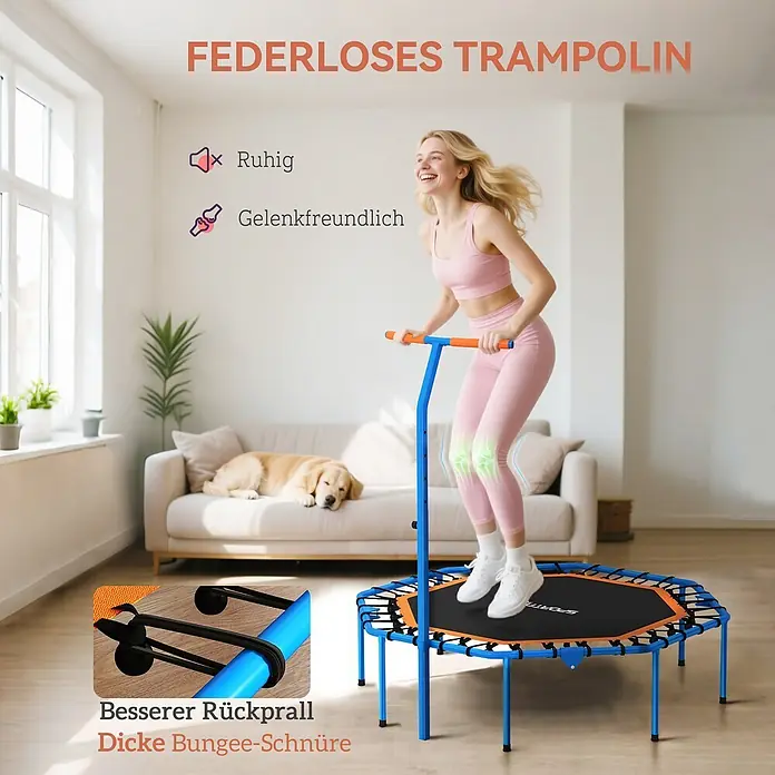 Sportnow Rebounder - Stahl, Blau, Schwarz - Frau springt auf einem federlosen, blauen und orangen Trampolin mit Haltegriff. Es ist leise, gelenkschonend und hat dicke Bungee-Schnüre für besseren Rückprall.