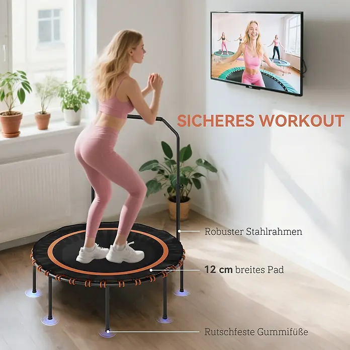 Sportnow Rebounder - Stahl, Schwarz, Orange - Frau trainiert auf einem schwarz-orangen Fitnesstrampolin mit Haltegriff, Stahlrahmen und rutschfesten Füßen.