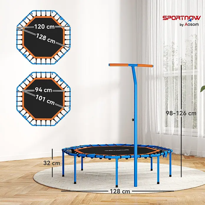 Sportnow Rebounder - Stahl, Blau, Schwarz - Blau-orange achteckiges Trampolin mit Griff, Maße: Gesamtbreite 128cm, Höhe 32cm, verstellbarer Griff 98-126cm, und zwei Sprungmatten-Größen.