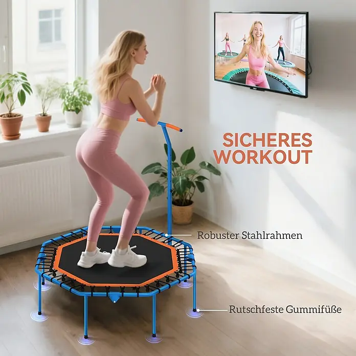 Sportnow Rebounder - Stahl, Blau, Schwarz - Frau springt auf blauem Mini-Trampolin mit robustem Stahlrahmen, verstellbarem Lenker und rutschfesten Füßen.