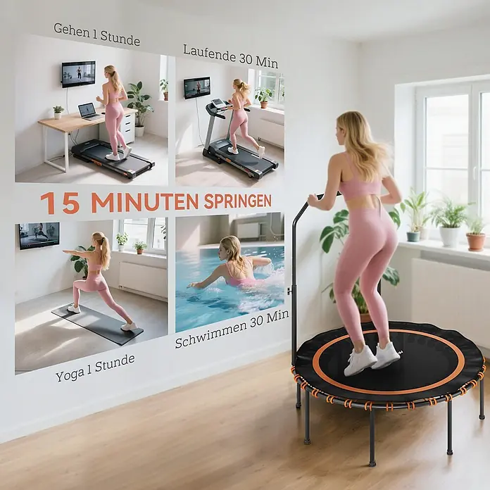Sportnow Rebounder - Stahl, Schwarz, Orange - Frau springt auf einem schwarz-orangen Minitrampolin, das '15 Minuten Springen' für effizientes Training hervorhebt.