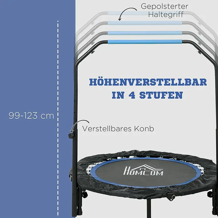Homcom Rebounder - Stahl, Schwarz, Blau - Schwarzes Trampolin mit schwarzer Sprungmatte, blauem Rand und gepolstertem, 4-stufig höhenverstellbarem Haltegriff (99-123 cm).
