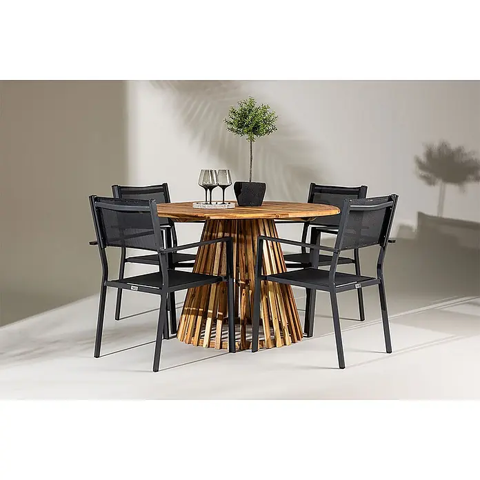 Ebuy24 Gartentisch-Set Lumpur - Gesamtumfang: 5 -tlg., L x B x H: 120 x 120 x 75 cm, Ø x H: 120 x 75 cm, Akazie Aluminium Textil, Stapelbar - Runder Outdoor-Esstisch mit Holzlamellenfuß und vier schwarzen Netzstühlen.