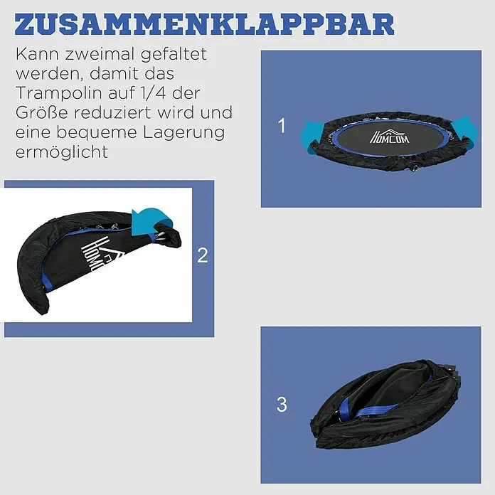 Homcom Rebounder - Stahl, Schwarz, Blau - Schwarz-blaues, klappbares Trampolin, das den 3-stufigen Faltvorgang zur platzsparenden Lagerung zeigt.