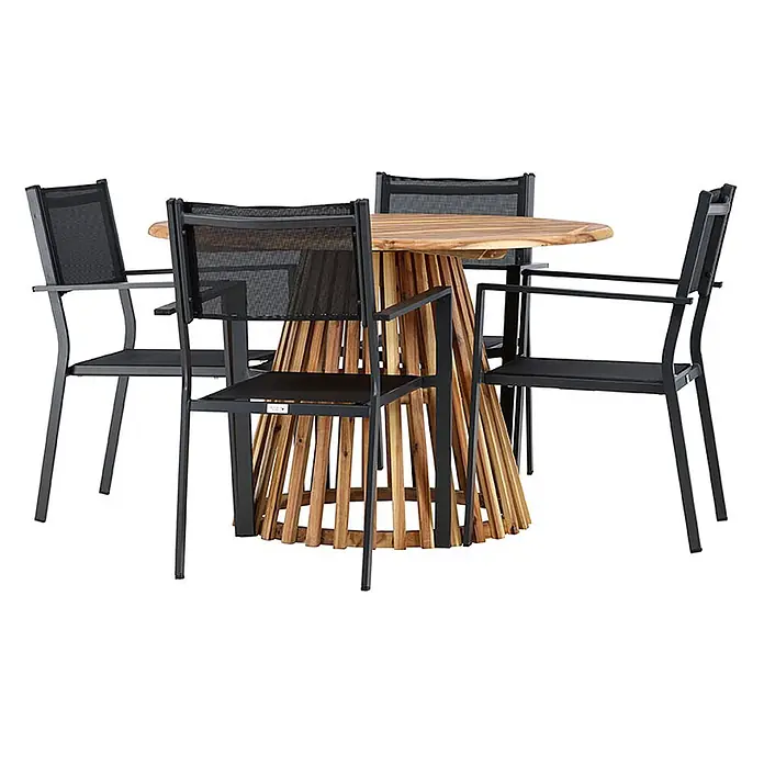Ebuy24 Gartentisch-Set Lumpur - Gesamtumfang: 5 -tlg., L x B x H: 120 x 120 x 75 cm, Ø x H: 120 x 75 cm, Akazie Aluminium Textil, Stapelbar - Gartengarnitur: runder Holztisch mit Lamellenfuß, vier schwarze Metallstühle mit Netzbespannung.