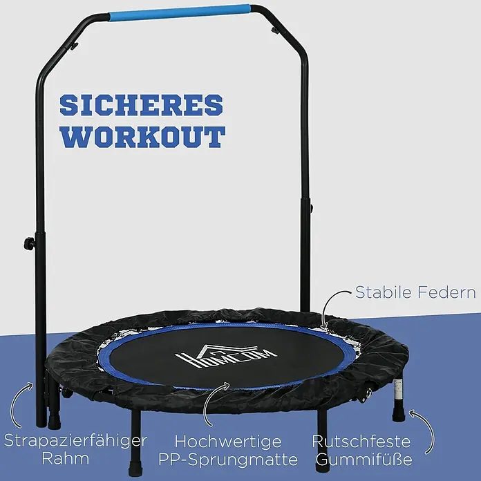 Homcom Rebounder - Stahl, Schwarz, Blau - Schwarzes Minitrampolin mit blauen Akzenten und verstellbarem Haltegriff für Fitness-Workouts.
