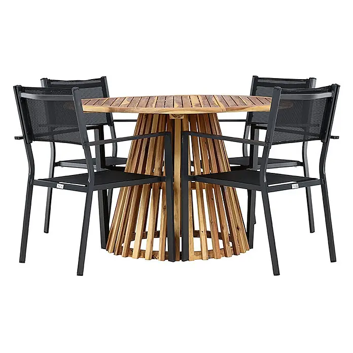 Ebuy24 Gartentisch-Set Lumpur - Gesamtumfang: 5 -tlg., L x B x H: 120 x 120 x 75 cm, Ø x H: 120 x 75 cm, Akazie Aluminium Textil, Stapelbar - Gartenessgruppe mit rundem Lattenholztisch und vier schwarzen Metallstühlen mit Netzbespannung.