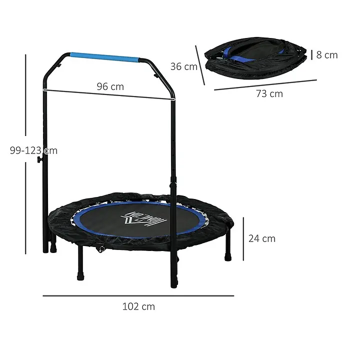Homcom Rebounder - Stahl, Schwarz, Blau - Schwarz-blaues Minitrampolin mit verstellbarem Haltegriff, 102cm Durchmesser, 24cm hoch. Zusammenklappbar auf 73x36x8cm.