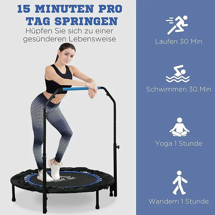 Homcom Rebounder - Stahl, Schwarz, Blau - Eine Frau trainiert auf einem schwarzen Minitrampolin mit blauer Matte und Haltegriff, was ein effizientes Training hervorhebt.